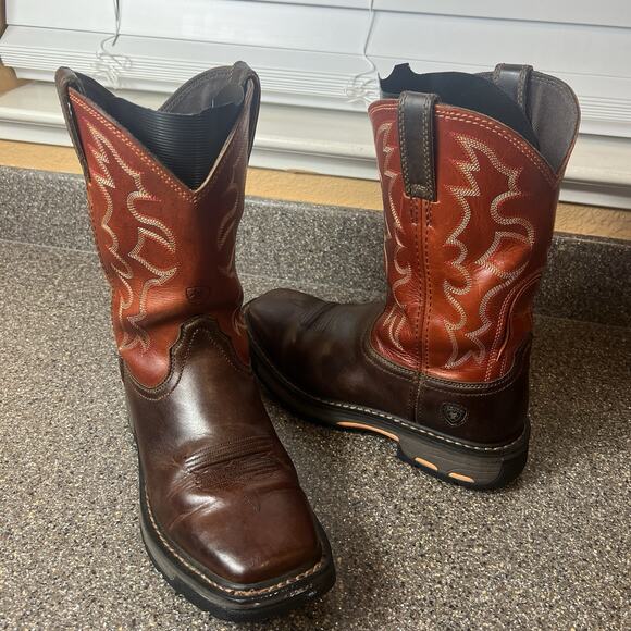 Ariat Work Boots Mens Size 8 D Brown Leather Cowboy Western Square Toe Non Steel - Picture 1 of 11